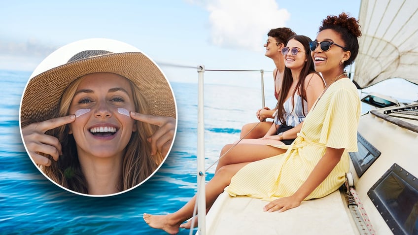 A photo of a woman putting on sunscreen with a picture of three friends on a boat in the background