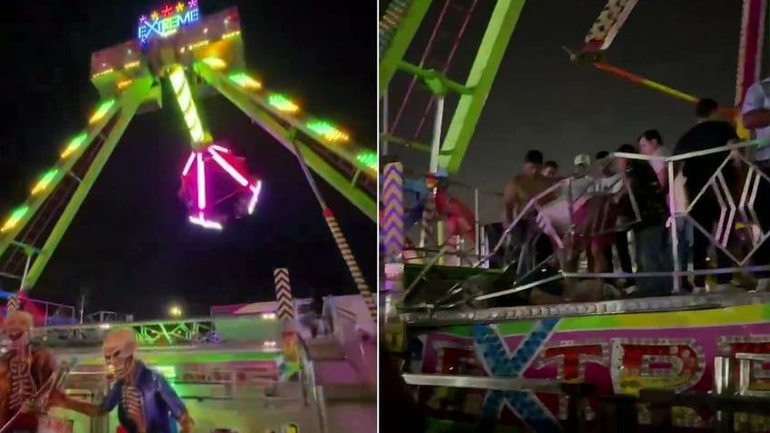 A pendulum ride breaking off, left, and victims being tended to, right. 