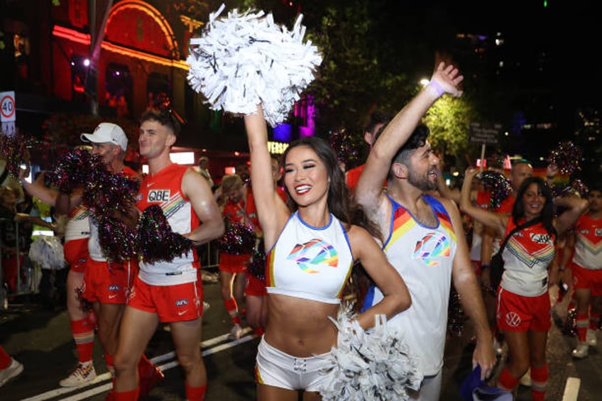 Members of the Sydney Swans Football Club and LA Rams cheerleaders walk in the Sydney Gay & Lesbian Mardi Gras Parade as part of Sydney WorldPride on...