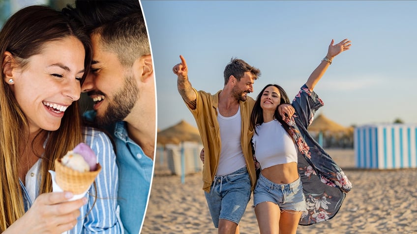 A photo of a couple eating ice cream next to a happy couple at the beach