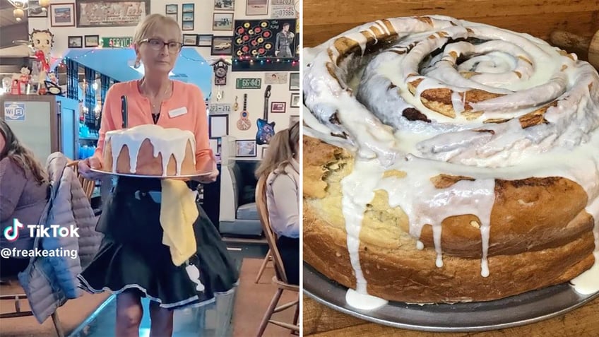 Woman with cinnamon roll and 10 lb cinnamon roll