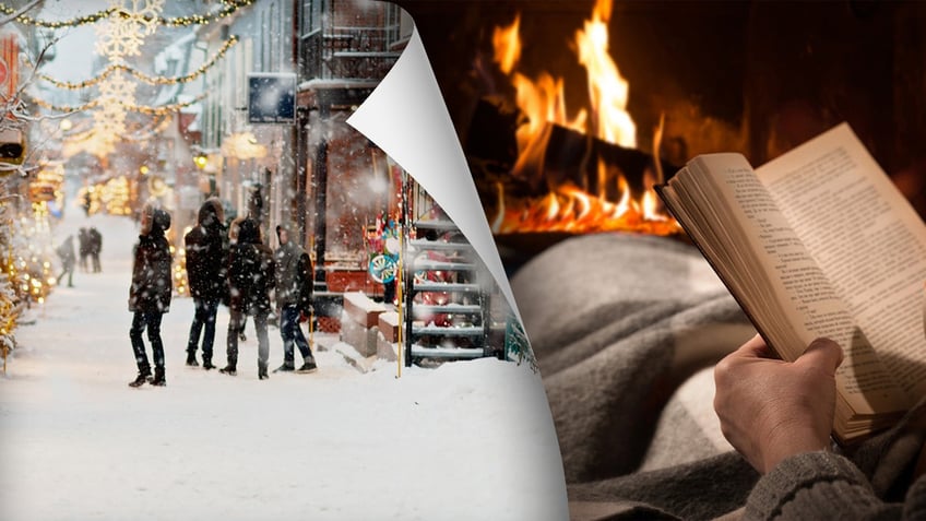 Split image of a winter town and a person reading by a fireplace