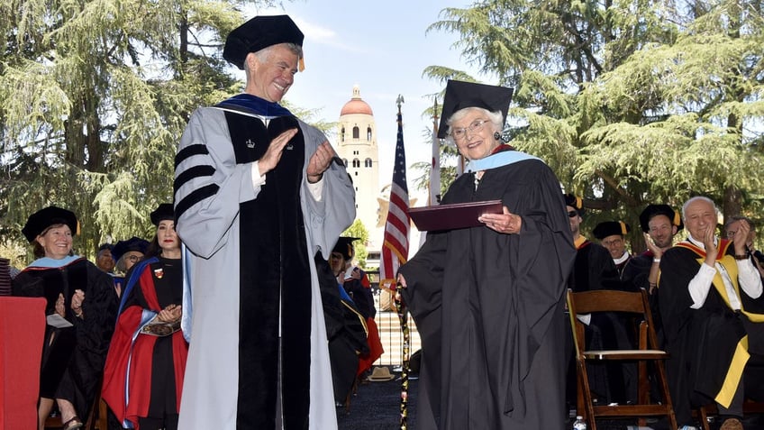 Virginia Hislop, 105, receives her degree from Daniel Schwartz, dean of Stanford University's Graduate School of Education.