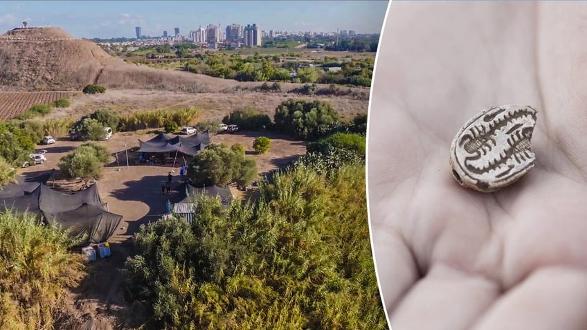 Split photo of the Tel Qana archaeological site in Israel and a close-up of a hand holding an Egyptian amulet