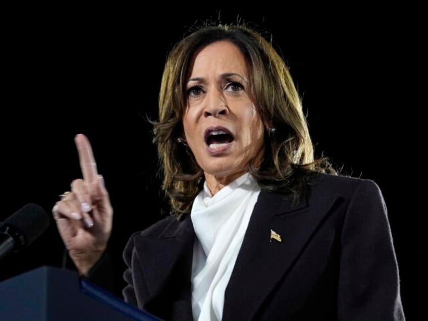 Democratic presidential nominee Vice President Kamala Harris speaks during a campaign even