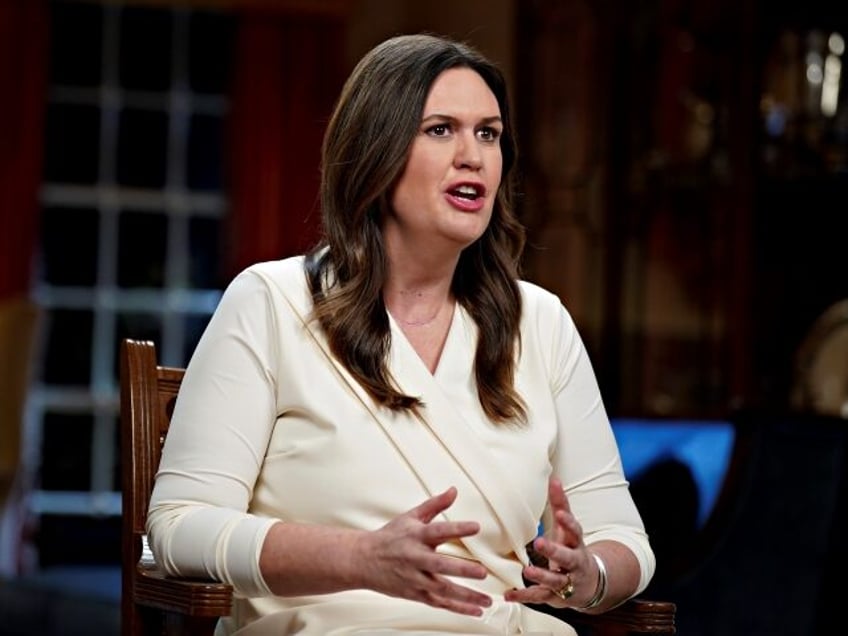 Gov. Sarah Huckabee Sanders, R-Ark., speaks while delivering the Republican response to Pr