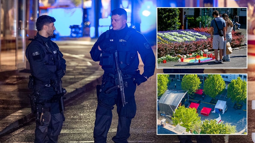 German police at the scene, mourners lay flowers and an aerial shot of the scene