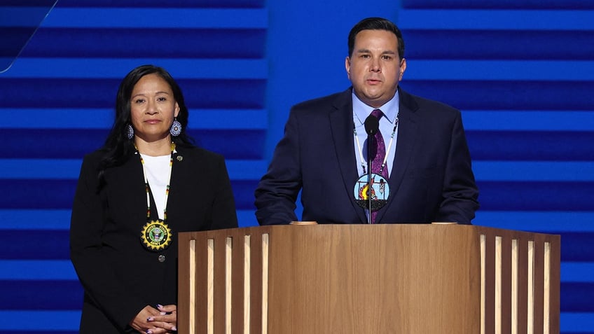 Vice-Chairman of the Prairie Band Potawatomi Zach Pahmahmie speaks at the United Center, on Day one of the Democratic National Convention