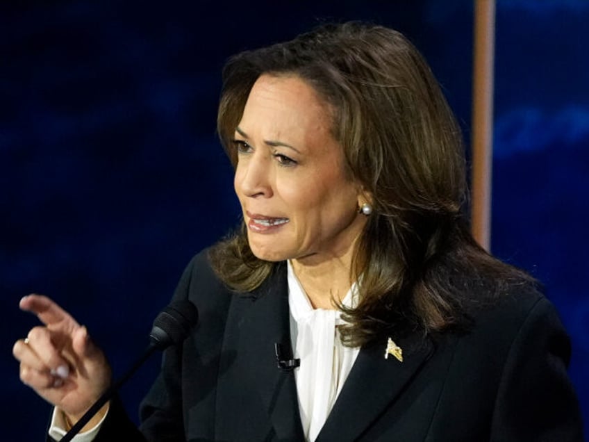 Democratic presidential nominee Vice President Kamala Harris speaks during a presidential