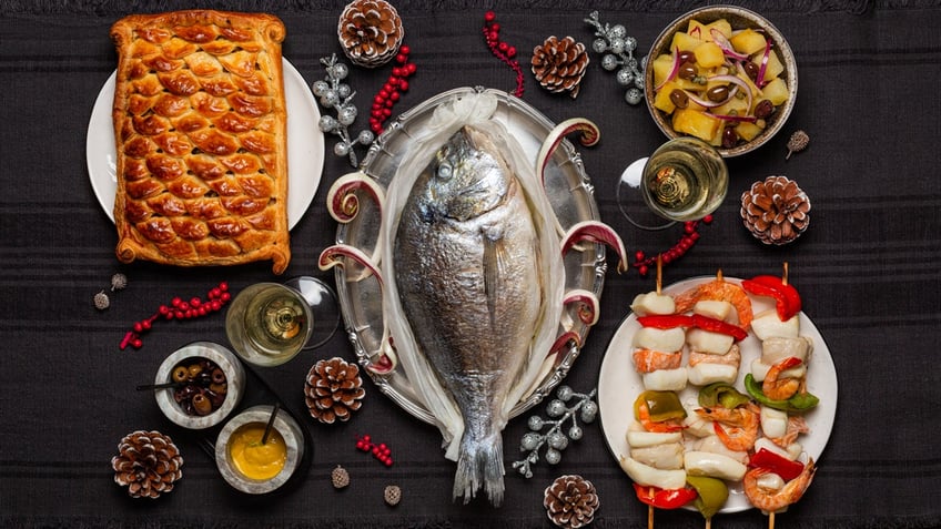 Fish is featured on the table as part of the Christmas Eve tradition known as the "Feast of the Seven Fishes."