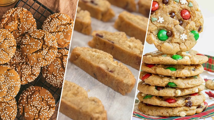 A three split of cookies, including a ginger snap, a biscotti, and a sugar cookie. 