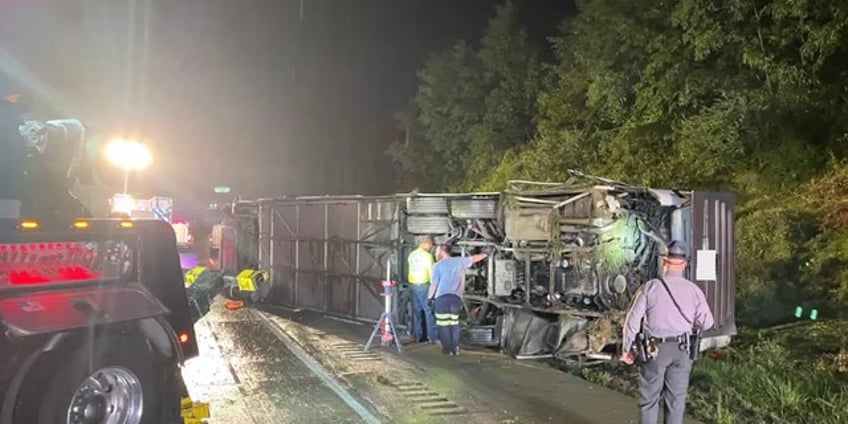 3 dead after pennsylvania charter bus carrying over 40 people crashes flips on its side