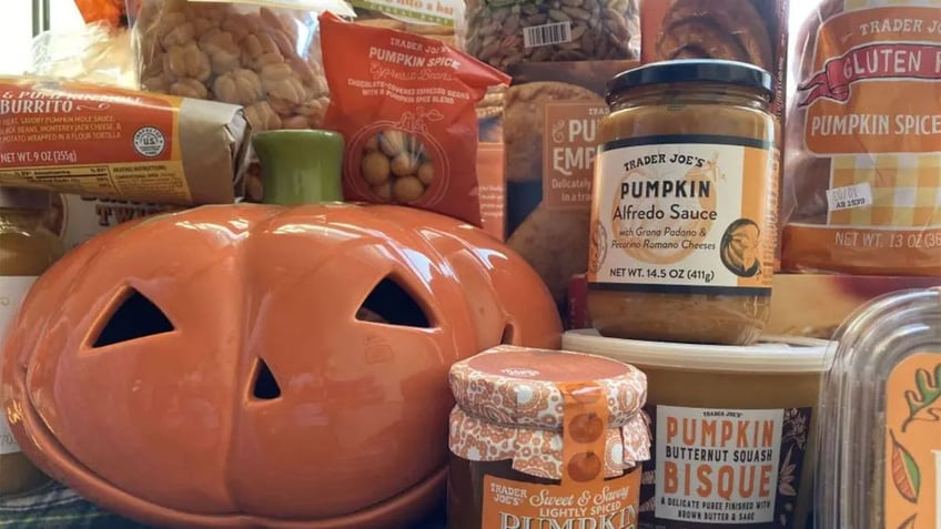 An assortment of pumpkin-flavored foods is shown on display at Trader Joe's.