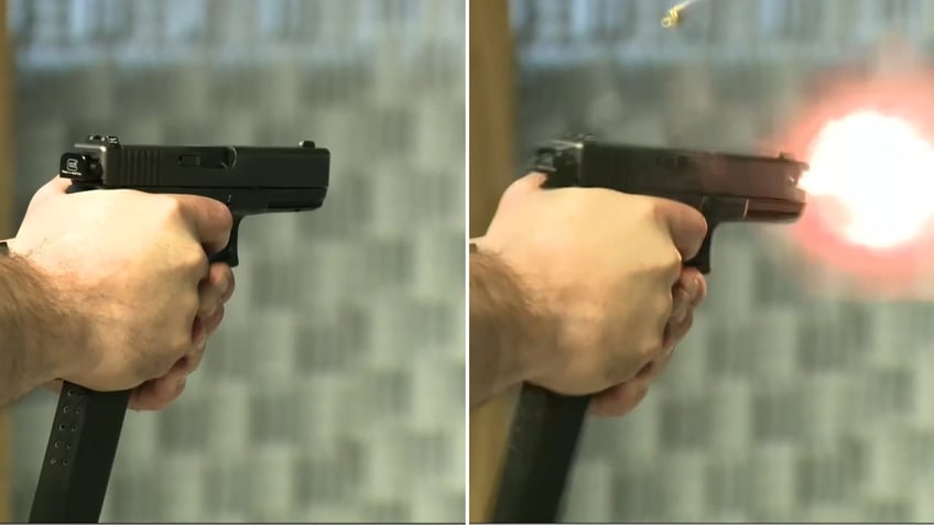 A split photo shows a handgun modified with a glock switch and a large magazine.