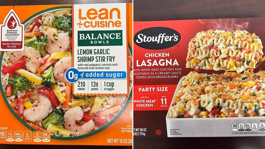 Lean Cuisine's Lemon Garlic Shrimp Stir Fry and Stouffer's Chicken Lasagna frozen meals are shown.