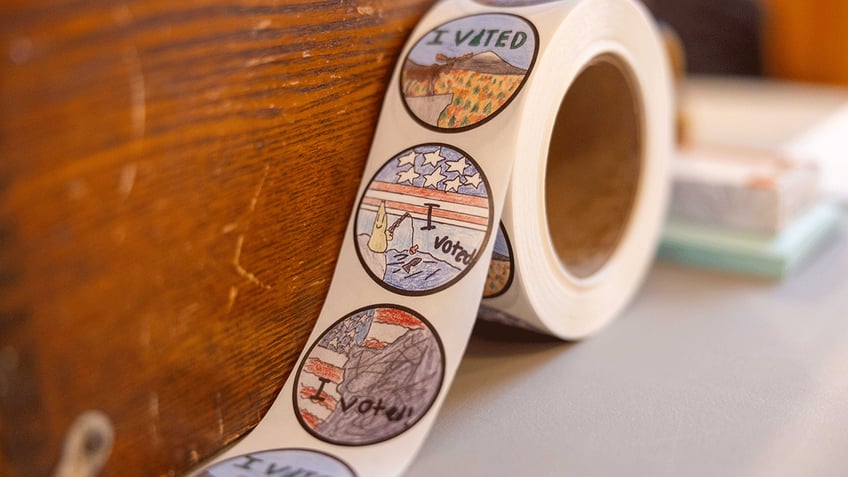 A roll of student designed "I Voted" stickers at voting location in New Hampshire