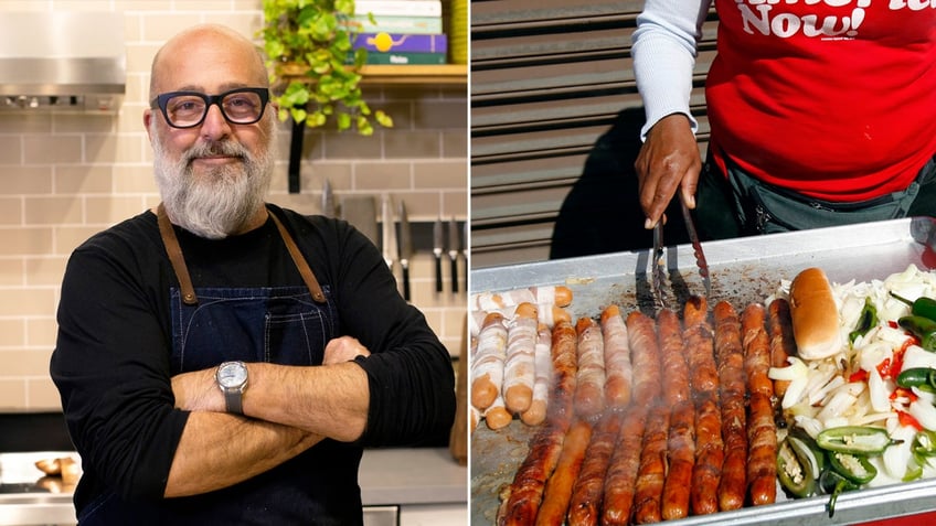 Split image of man smiling at camera with person grilling Sonoran style hot dogs.