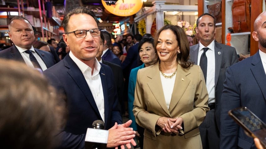 Gov. Josh Shapiro, left, with VP Kamala Harris