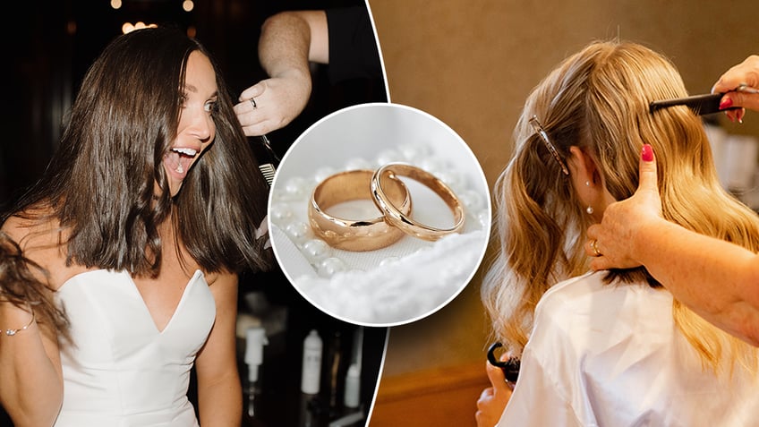 Brides cutting hair on wedding day