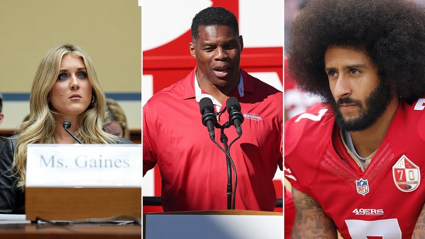 Side-by-side photos of Riley Gaines, Herschel Walker and Colin Kaepernick