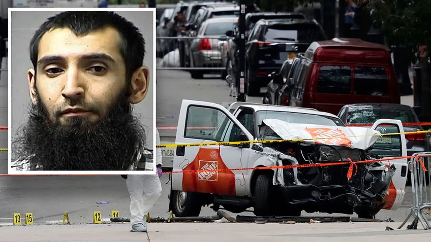 Saipov mugshot inset over crime scene