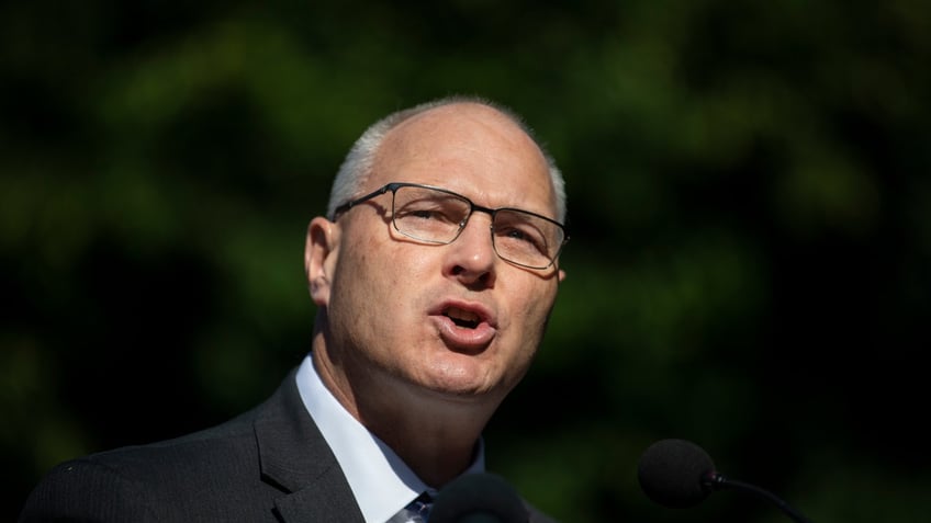 UNITED STATES - May 13: Rep. Pete Stauber, R-Minn., speaks at the Black The Blue Bike Tour event at the National Law Enforcement Officers Memorial in Washington on Thursday, May 13, 2021. The event followed a bike ride around the city with Republican House members of Congress and United States Capitol Police Officers. (Photo by Caroline Brehman/CQ-Roll Call, Inc via Getty Images)