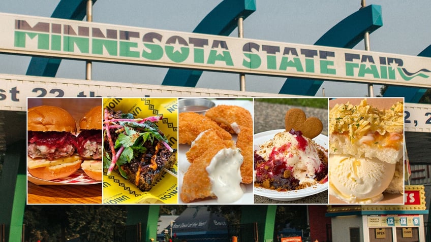 The Minnesota State Fair gate in background. Insets are of a slider, a grilled rice dish, deep-fried ranch dressing, an ice cream sundae, and an ice cream sandwich on focaccia.