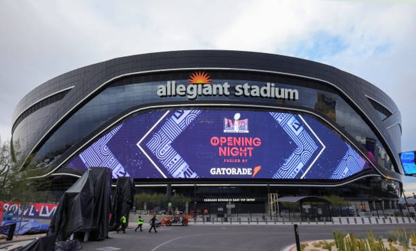 Video board displays an advertisement for Monday's Super Bowl LVIII Opening Night at Allegiant Stadium on February 01, 2024 in Las Vegas, Nevada. The...