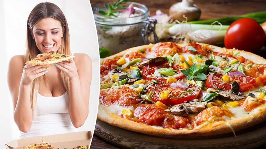 A woman, left, prepares to eat a healthy pizza. A homemade veggie pizza, right, is shown.