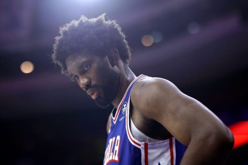 Joel Embiid of the Philadelphia 76ers looks on during the fourth quarter of the Sixers' wi