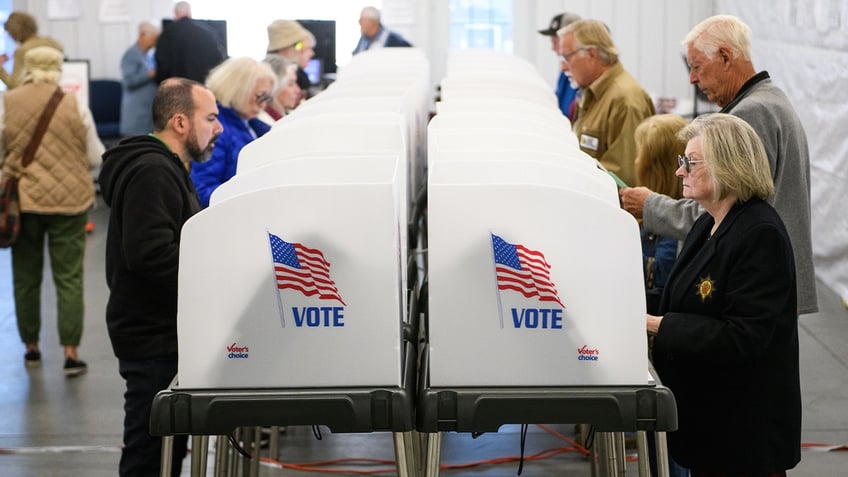 Voters make selections at their voting booths inside an early voting site in North Carolina. (Photo by Melissa Sue Gerrits/Getty Images)