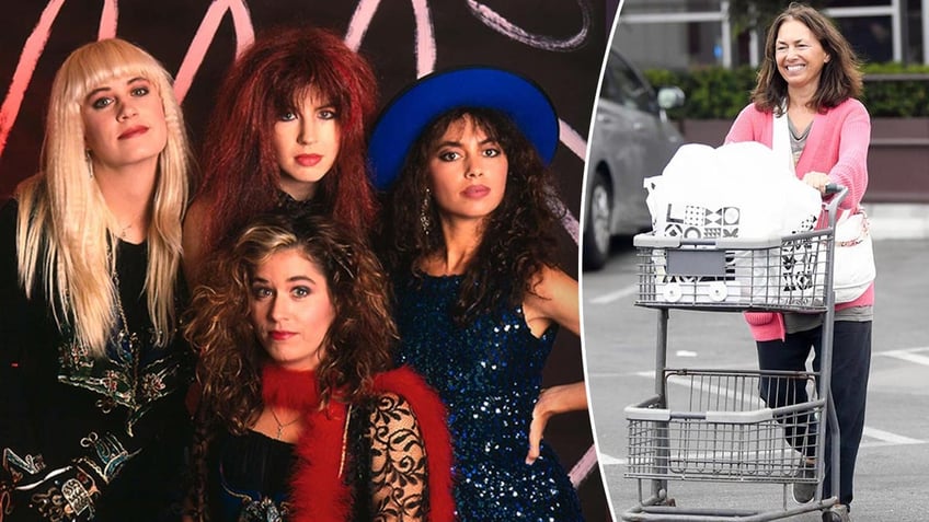 Vicki Peterson, Debbi Peterson, Susanna Hoffs, Michael Steele of the Bangles pose in a photo inset Susanna Hoffs in a pink sweater pushes her grocery cart in the parking lot