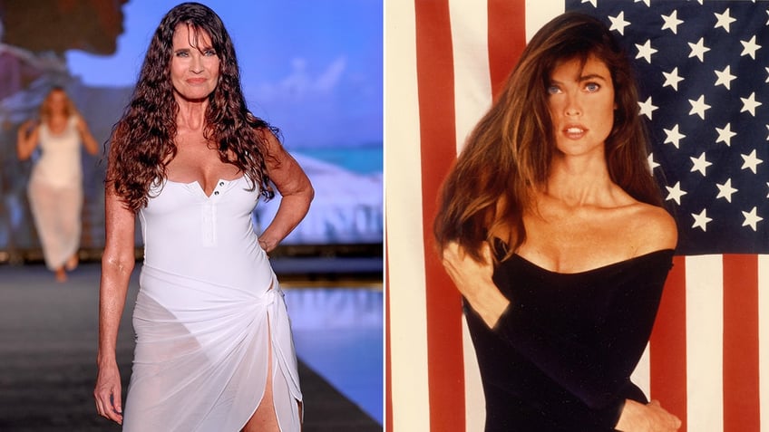 a split side-by-side photo of 80s supermodel Carol Alt