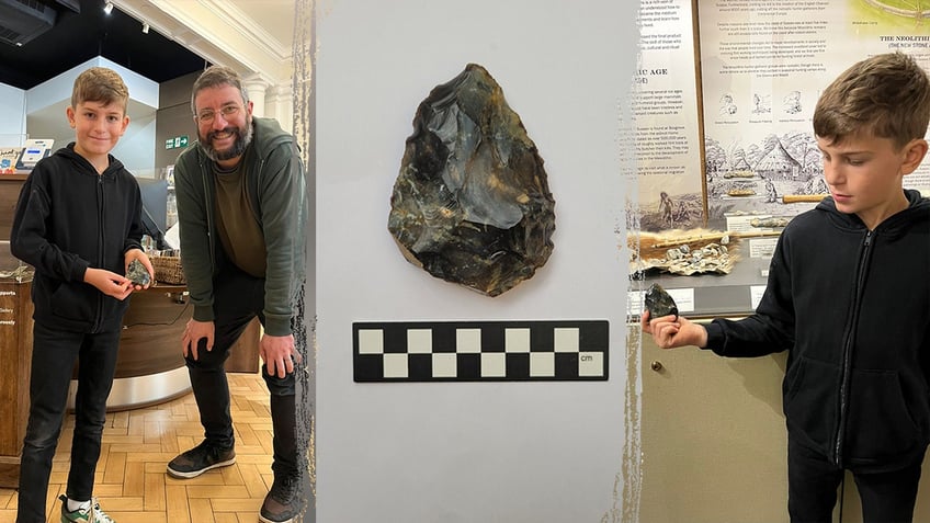 Three way split photo of young boy and archeologist, a photo in the middle of the ancient ax discovered, and the young boy holding his ancient find 