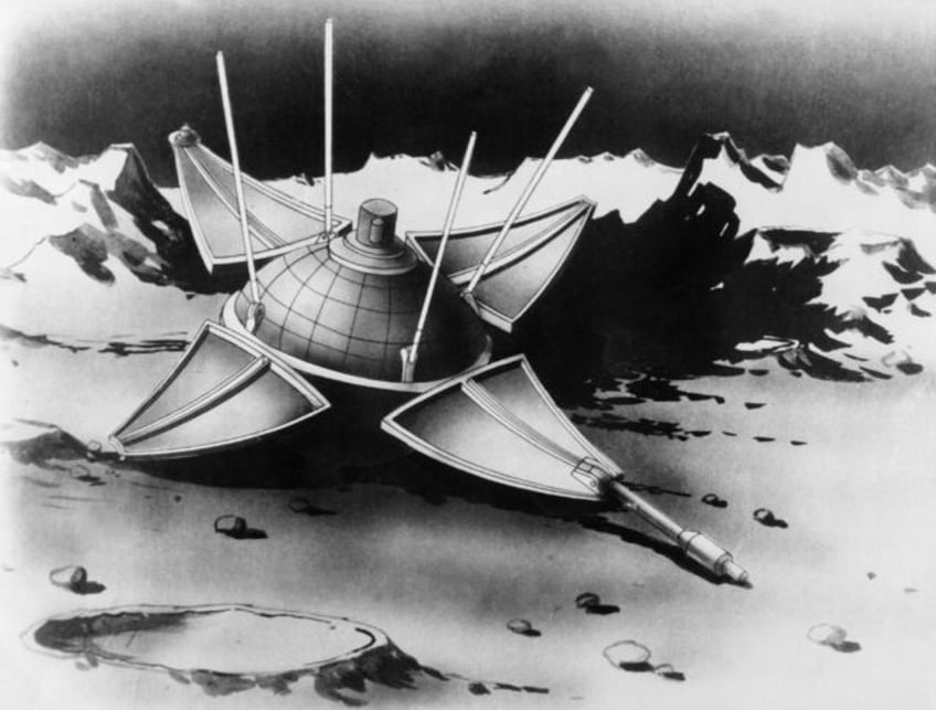 Artist impression dated from the 60s showing the Soviet spacecraft Luna IX landing for the