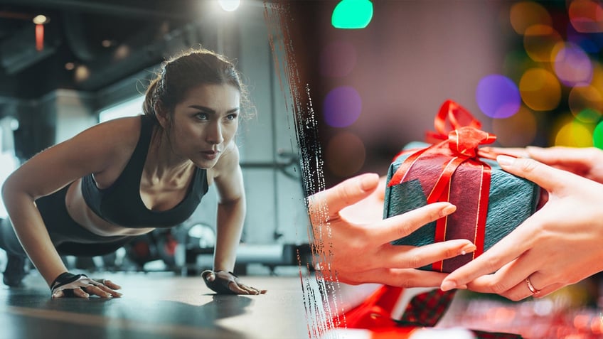 Split photo of woman at gym and two people exchanging gifts