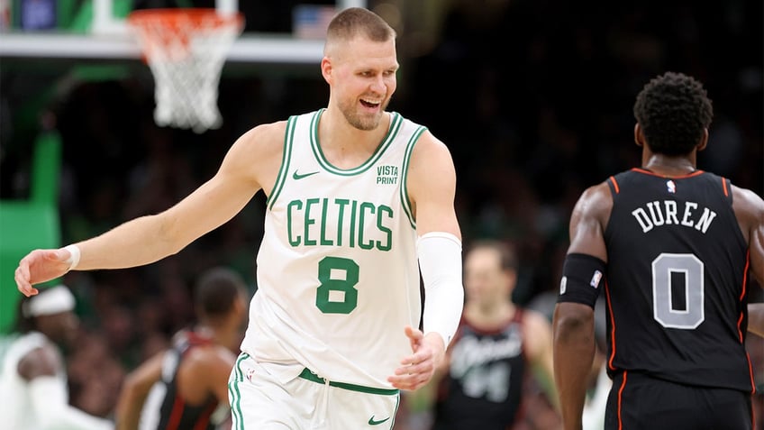 Kristaps Porzingis celebrates