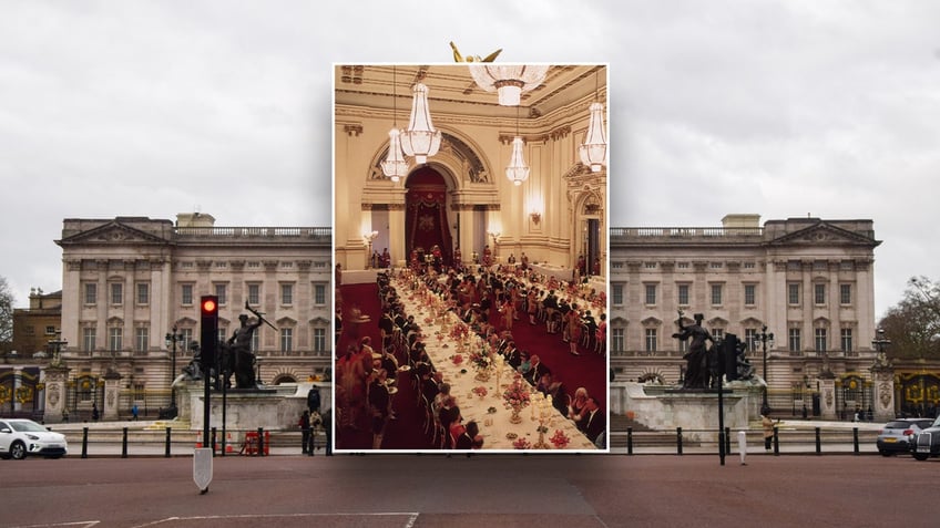 A state banquet in Buckingham Palace in front of an exterior photo of the royal palace