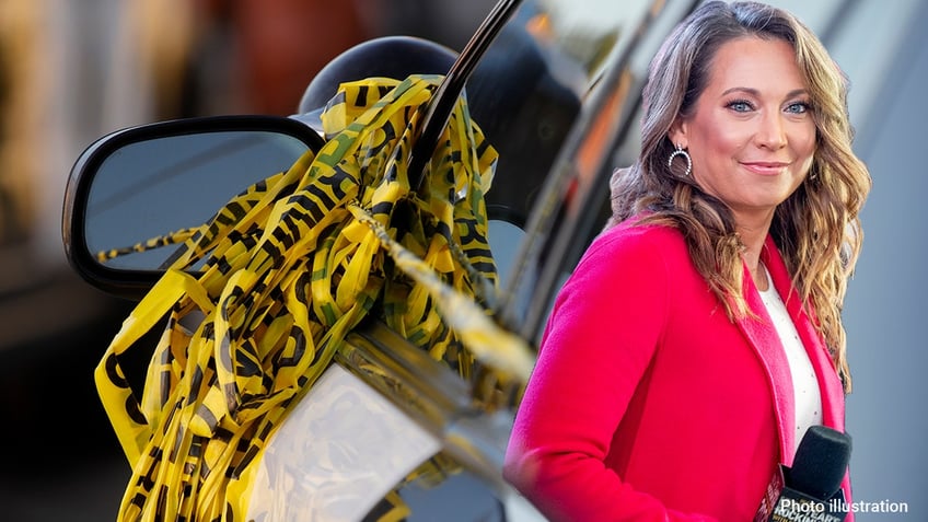 ABC correspondent Ginger Lee in front of a police car