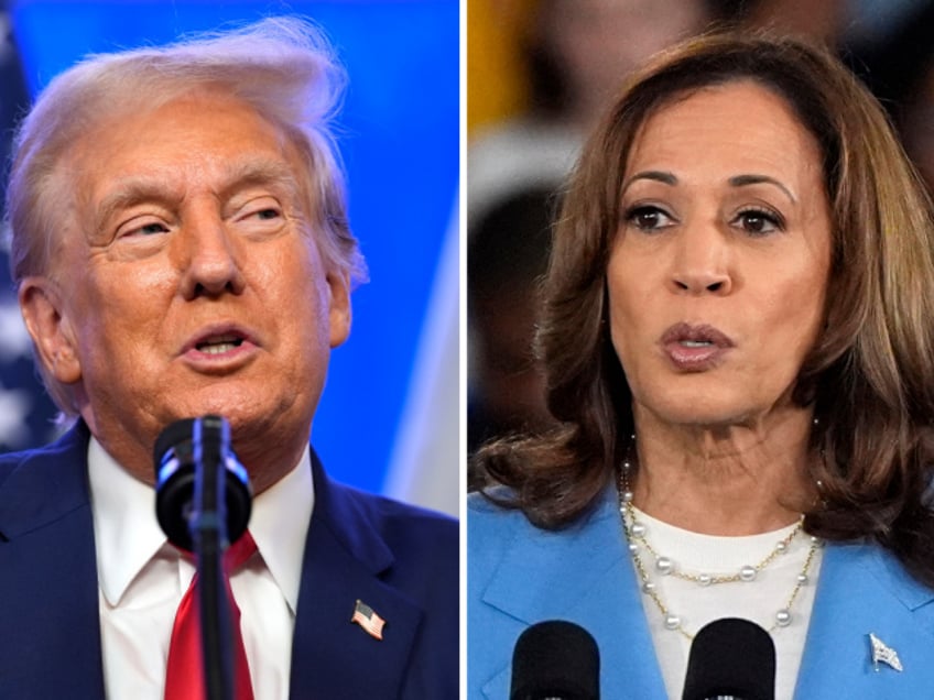 This combination photo shows Republican presidential nominee former President Donald Trump at an event, Aug. 15, 2024, in Bedminster, N.J., left, and Democratic presidential nominee Vice President Kamala Harris at a campaign event in Raleigh, N.C., Aug. 16, 2024. (AP Photo)