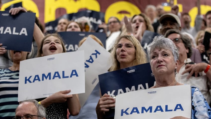 Supporters of Vice President Kamala Harris listen to her speak during a campaign rally at West Allis Central High School on July 23, 2024, in West Allis, Wisconsin. (Jim Vondruska/Getty Images)