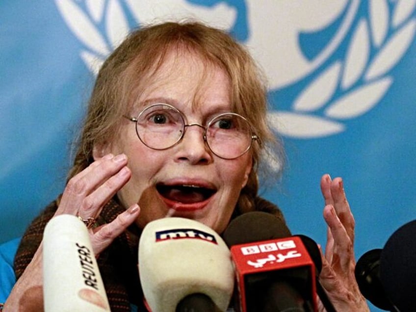 US Actress Mia Farrow, a UNICEF goodwill ambassador, speaks to the press at a hotel in Bei