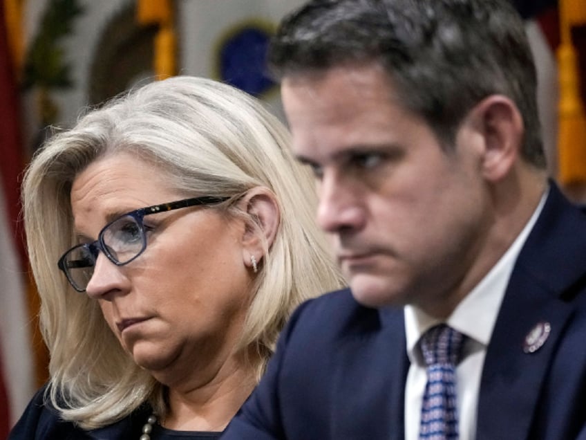 WASHINGTON, DC - JUNE 16: U.S. Rep. Liz Cheney (R-WY), Vice Chair of the Select Committee to Investigate the January 6th Attack on the U.S. Capitol, and Rep. Adam Kinzinger (R-IL) participate in the third hearing on the January 6th investigation in the Cannon House Office Building on June 16, 2022 in Washington, DC. The bipartisan committee, which has been gathering evidence for almost a year related to the January 6 attack at the U.S. Capitol, is presenting its findings in a series of televised hearings. On January 6, 2021, supporters of former President Donald Trump attacked the U.S. Capitol Building during an attempt to disrupt a congressional vote to confirm the electoral college win for President Joe Biden. (Photo by Drew Angerer/Getty Images)