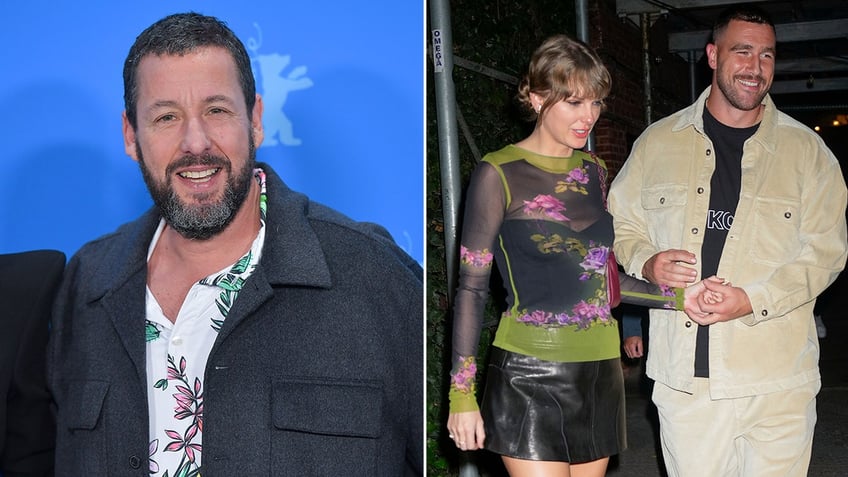 Side by side photos of Adam Sandler and Taylor Swift and Travis Kelce