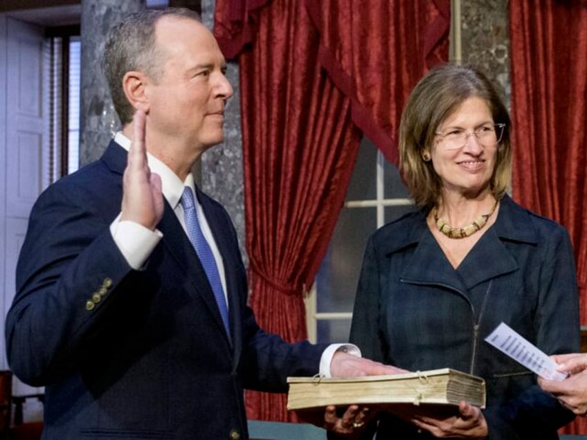 Vice President Kamala Harris, right, holds a ceremonial swearing-in for Sen. Adam Schiff,