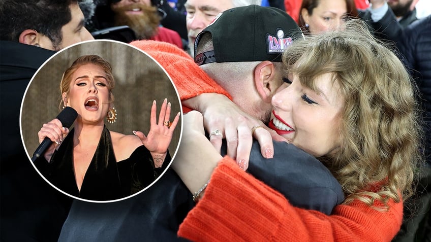 Inset Adele with her hand up and singing into a microphone, Taylor Swift in red hugging Travis Kelce on the field