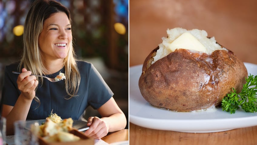 A woman smiles as she enjoys a bite. A baked potato with butter is visible.