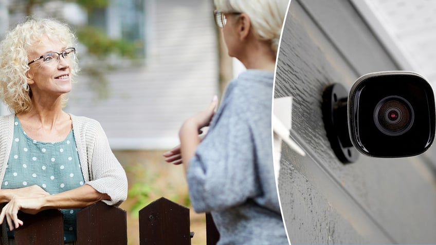 Two neighbors talking and next to photo of home security camera