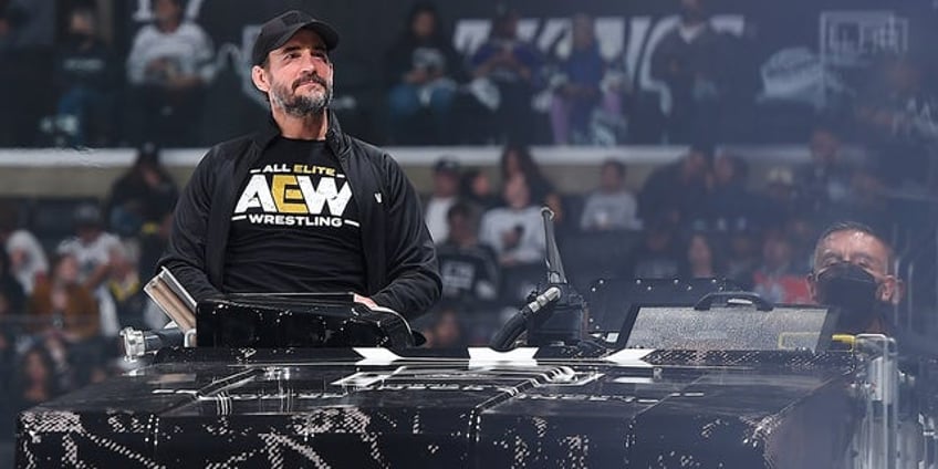 aew star cm punk poses with trans rights are human rights sign at all in event