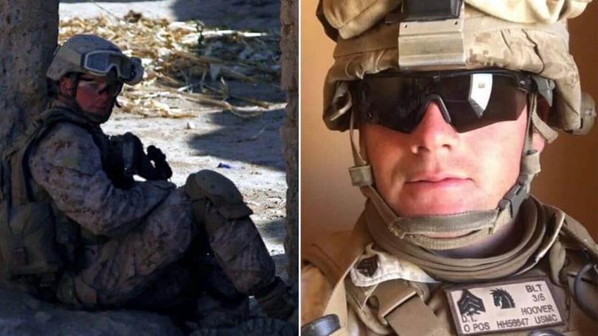 SSgt Taylor Hoover in desert uniform, left, Hoover in same uniform close up, right